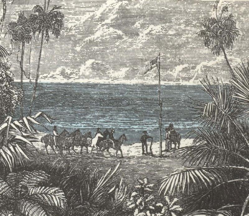 william r clark john mcdouall stuart hissar brittiska flaggan vid van diemensbukten nara den nuvarande staden darwin dit han kom efter att ha genom korsat kontinenten Norge oil painting art